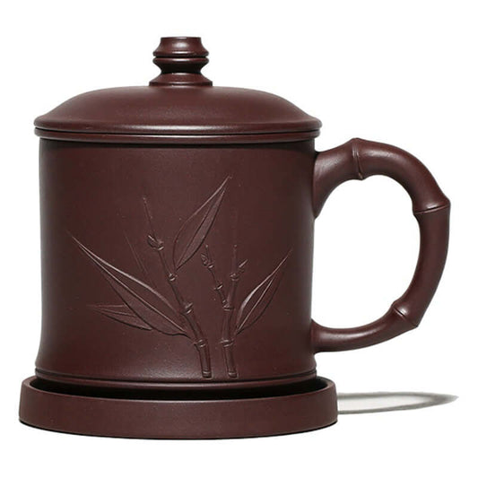 Handmade Yixing purple sand bamboo cup with lid, tea set gift, featuring elegant bamboo leaf design, genuine craftsman quality.