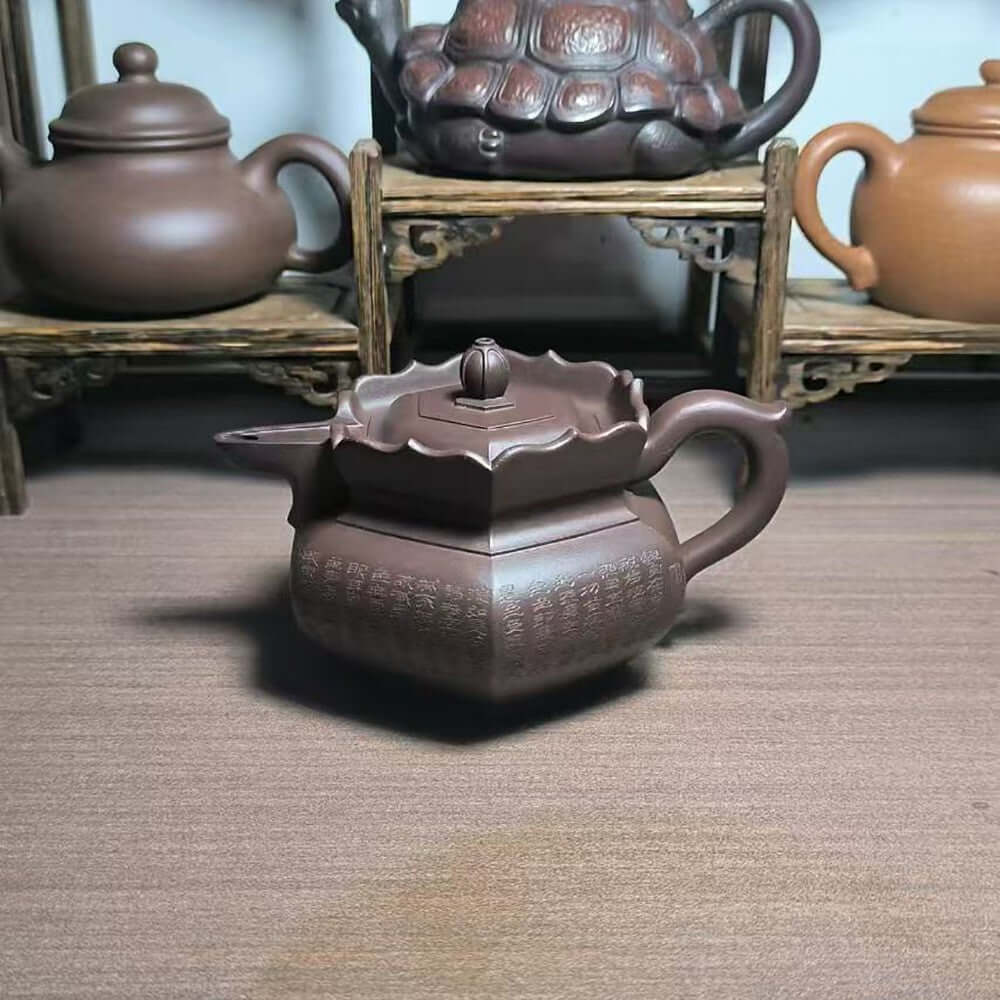 Handmade Yixing purple sand teapot showcasing intricate design, perfect for high-end gift or home use.