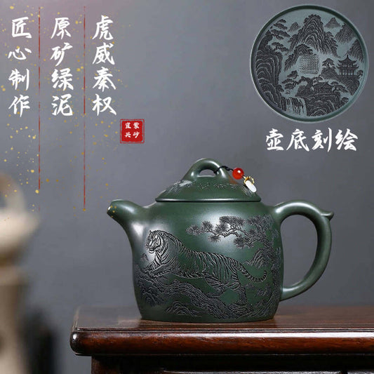 Handmade Yixing purple sand teapot featuring intricate tiger design, large capacity, crafted from original purple clay.