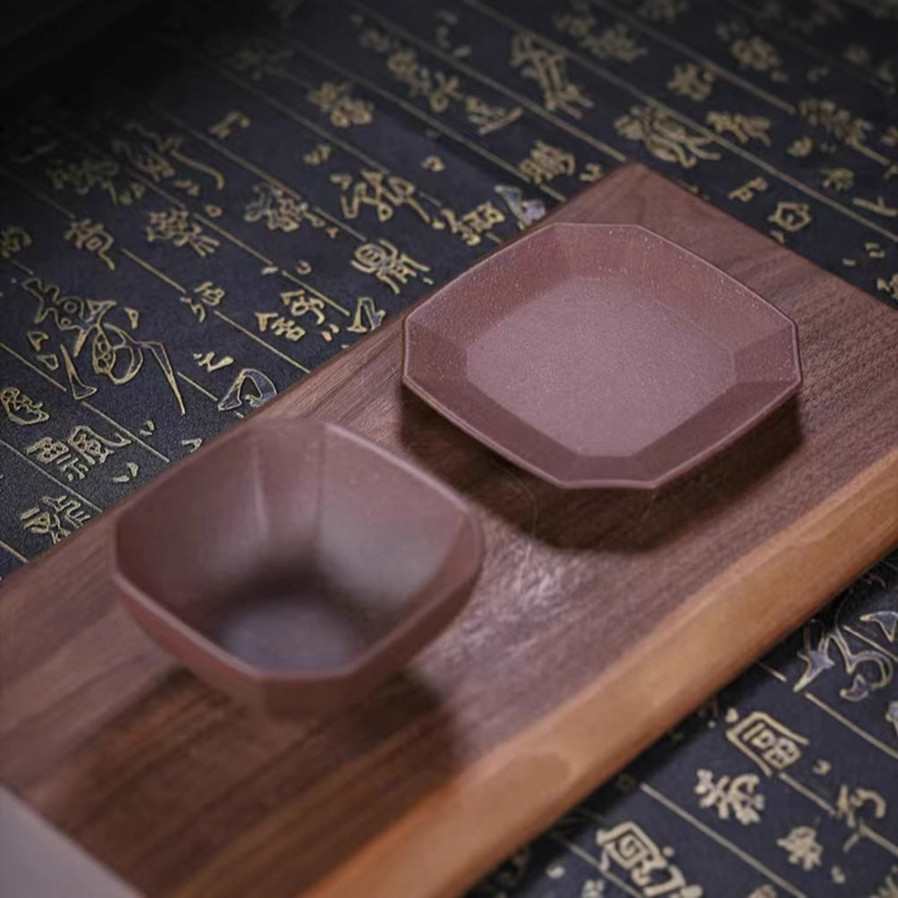 紫砂杯品茶杯一件代发原矿紫泥抽角四方茶杯垫套装含杯碟茶具批发