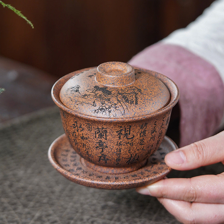 紫砂朱永良盖碗250CC宜兴原矿龙骨金砂柴烧刻绘兰亭序茶经盖碗