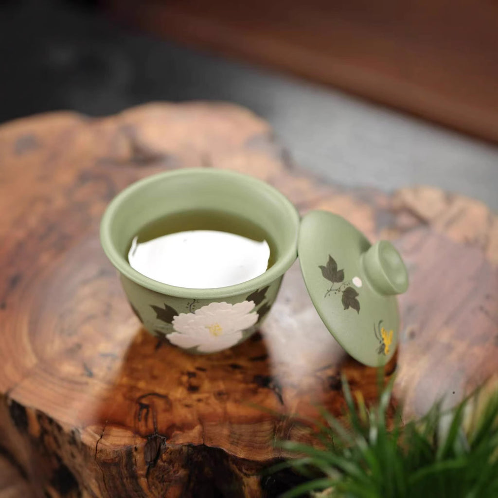 宜兴紫砂盖碗160CC创意手工泥绘两才盖碗原矿豆青砂家用紫砂杯功夫茶具