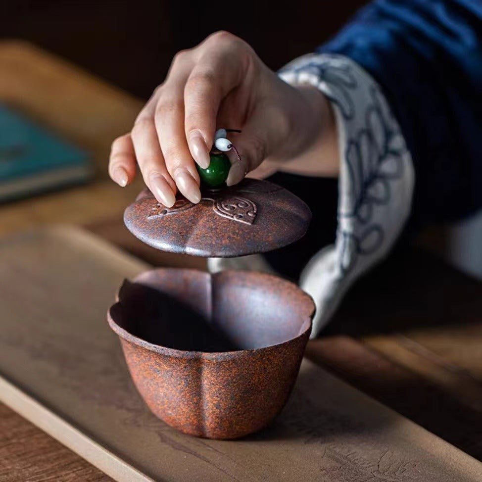 宜兴紫砂手抓壶龙骨金砂盖碗180CC复古手工茶具套装创意茶具一体莲蓬