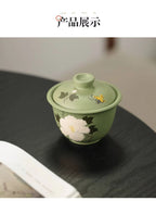 宜兴紫砂盖碗160CC创意手工泥绘两才盖碗原矿豆青砂家用紫砂杯功夫茶具