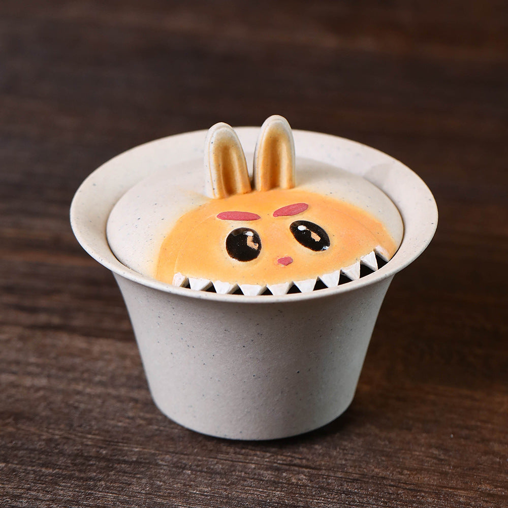 宜兴紫砂90CC拉布布三才盖碗手工泥绘敬茶碗泡茶杯兔子茶具套装配件