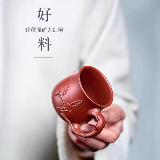宜兴紫砂主人杯原矿大红袍纯手工贴花寿桃带把茶杯子浮雕功夫茶具