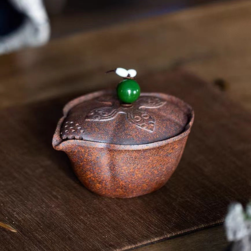 宜兴紫砂手抓壶龙骨金砂盖碗180CC复古手工茶具套装创意茶具一体莲蓬