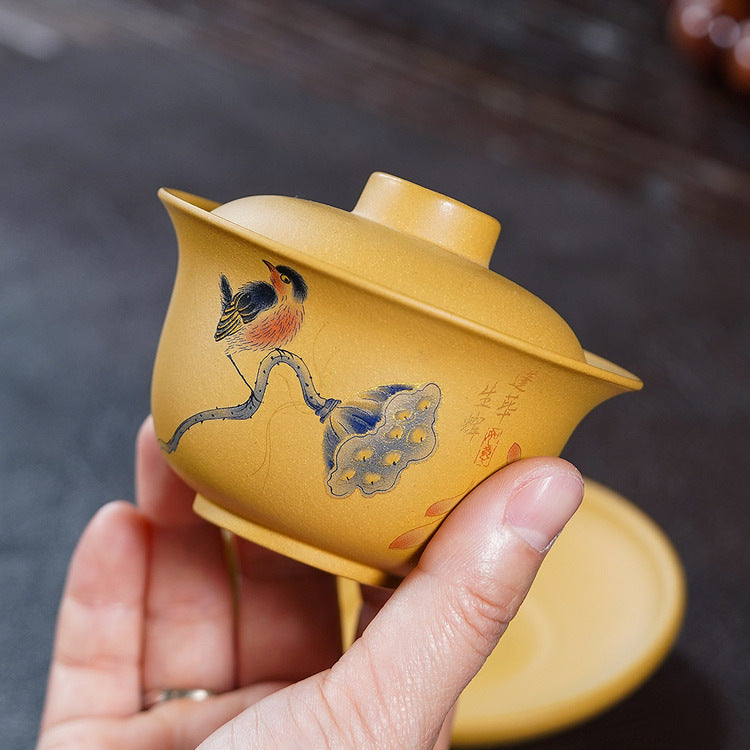 宜兴紫砂鸟趣盖碗180CC悬停盖碗功夫茶具莲蓬泡茶碗家用手工