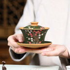 宜兴紫砂壶原矿黄龙山150CC三才盖碗立体泥绘梅花茶具泡茶碗