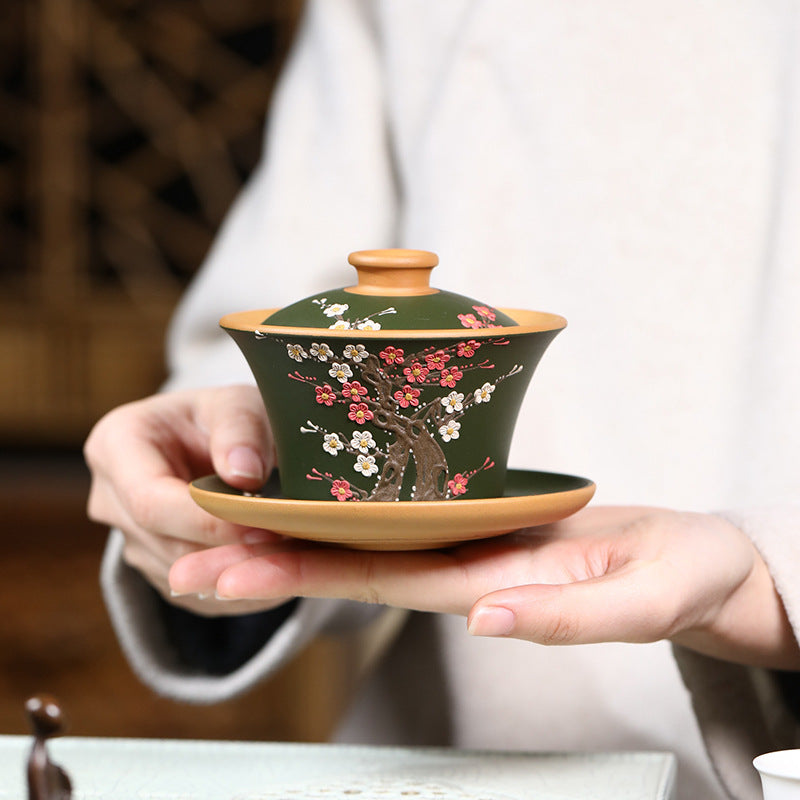 宜兴紫砂壶原矿黄龙山150CC三才盖碗立体泥绘梅花茶具泡茶碗