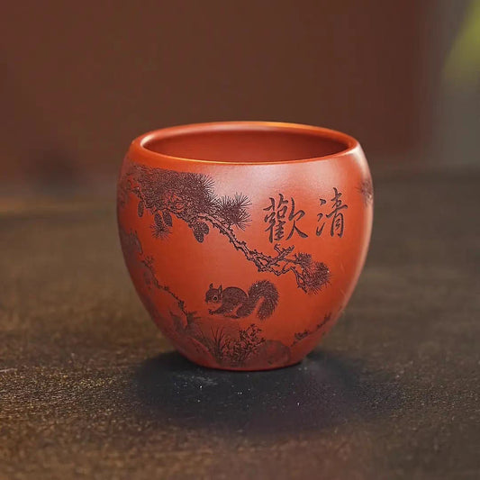 宜兴紫砂功夫茶杯龙蛋茶杯刻绘清欢松鼠大红袍大容量单杯200毫升