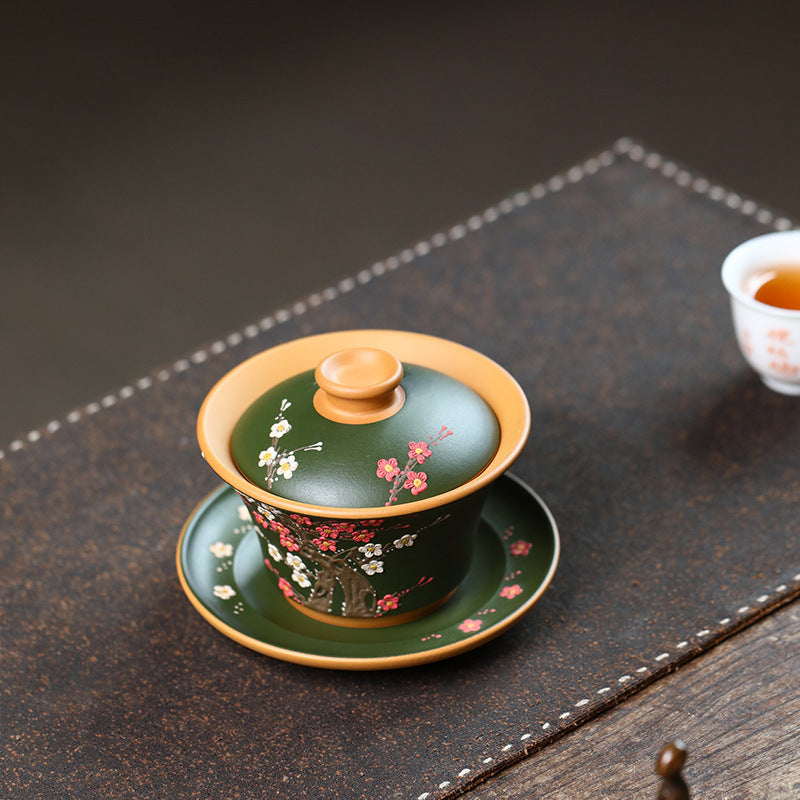 宜兴紫砂壶原矿黄龙山150CC三才盖碗立体泥绘梅花茶具泡茶碗