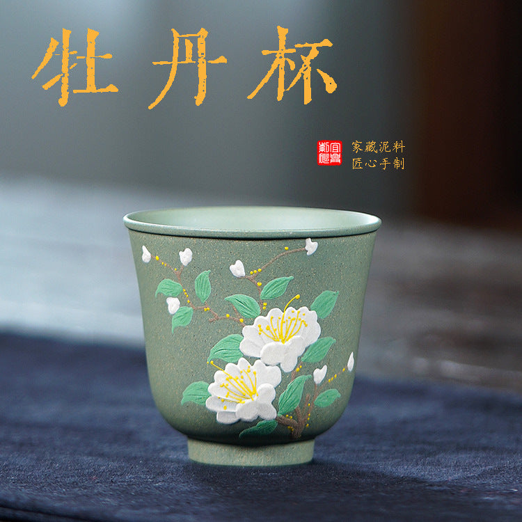 壶芝宴宜兴紫砂主人杯茶杯手工堆绘白牡丹紫砂杯品茗杯功夫茶具
