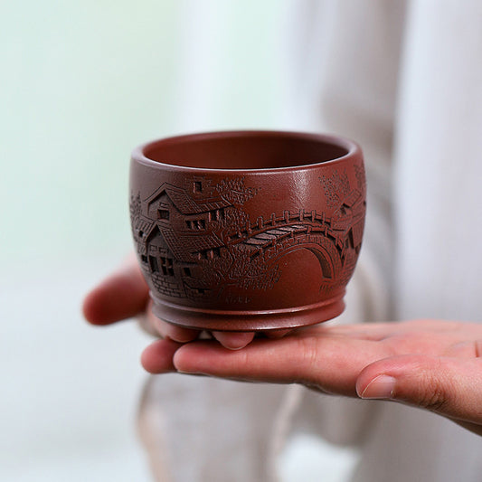 批发宜兴紫砂杯子全手工刻绘江南水乡主人杯原矿紫泥家用紫砂茶杯