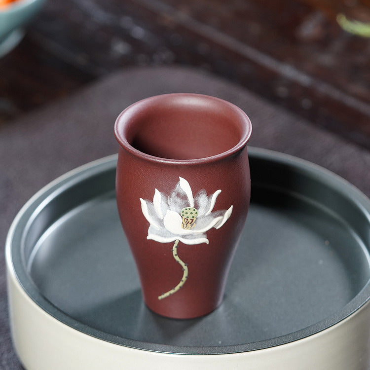 壶芝宴宜兴紫砂杯原矿紫泥泥绘荷花主人杯闻香杯功夫茶杯品茗杯
