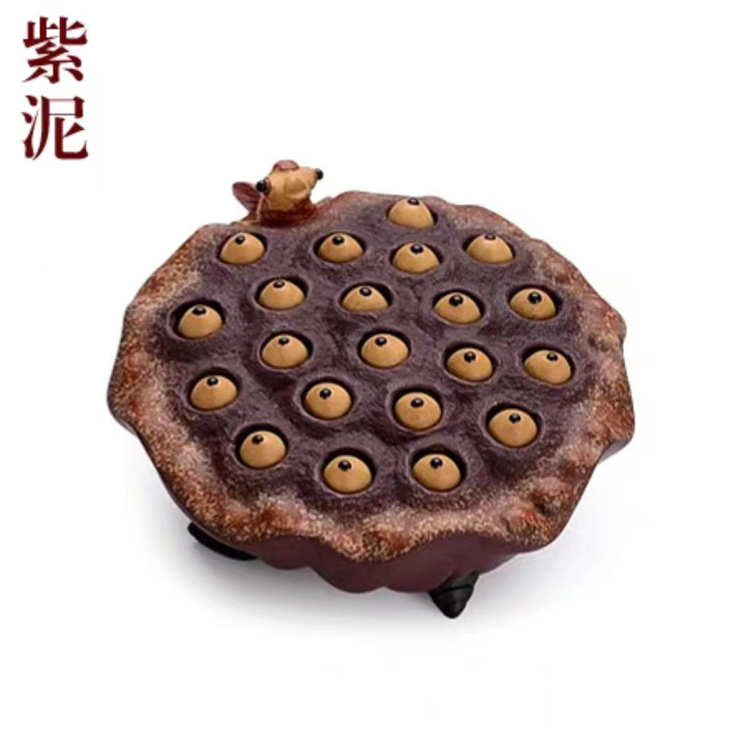 紫砂茶宠莲子直径9CM创意手工金鱼喷水莲蓬精品茶台茶具壶盖托摆件可养