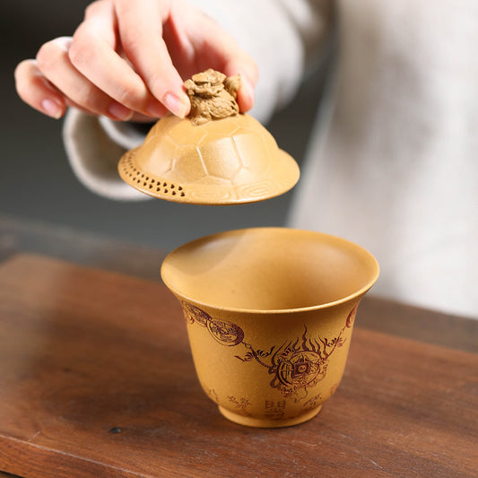 紫砂富甲一方盖碗140CC宜兴三才盖碗茶碗敬茶碗龙龟盖碗茶具套装配件