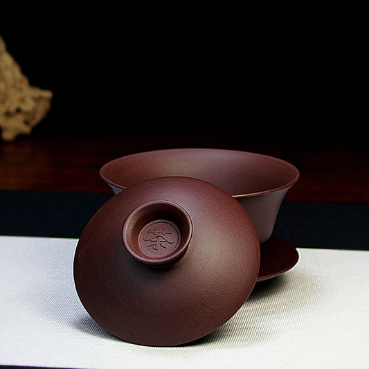 宜兴紫砂盖碗三才碗130CC批发家用泡茶具精品手工原矿紫泥