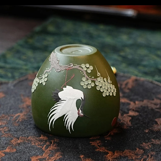 宜兴原矿紫砂绿泥全手工泥绘鹤主人杯大龙蛋紫砂杯 200毫升  茶杯