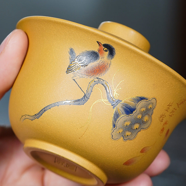 宜兴紫砂鸟趣盖碗180CC悬停盖碗功夫茶具莲蓬泡茶碗家用手工