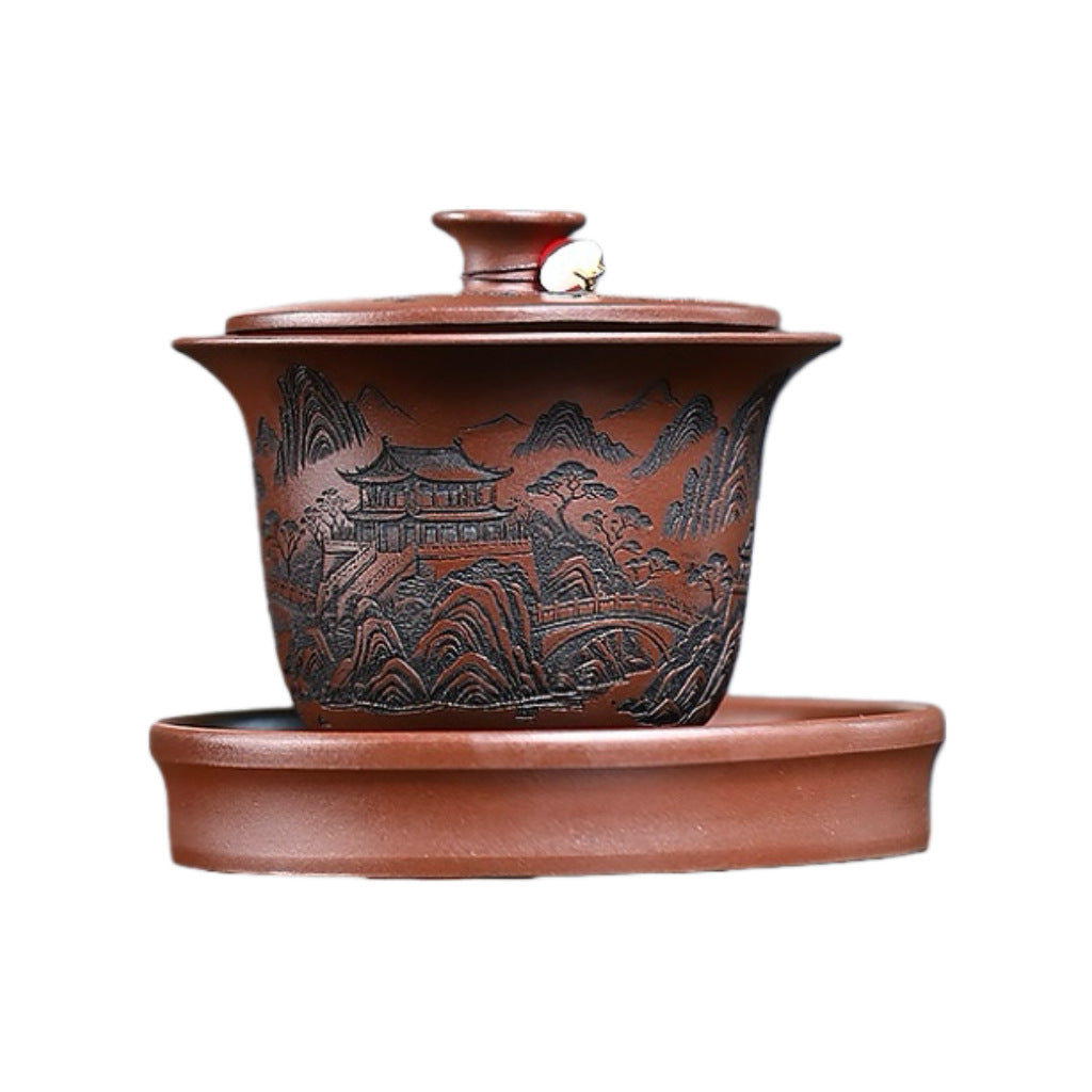 宜兴紫砂原矿底槽清200CC观山三才盖碗泡茶壶家用功夫茶具