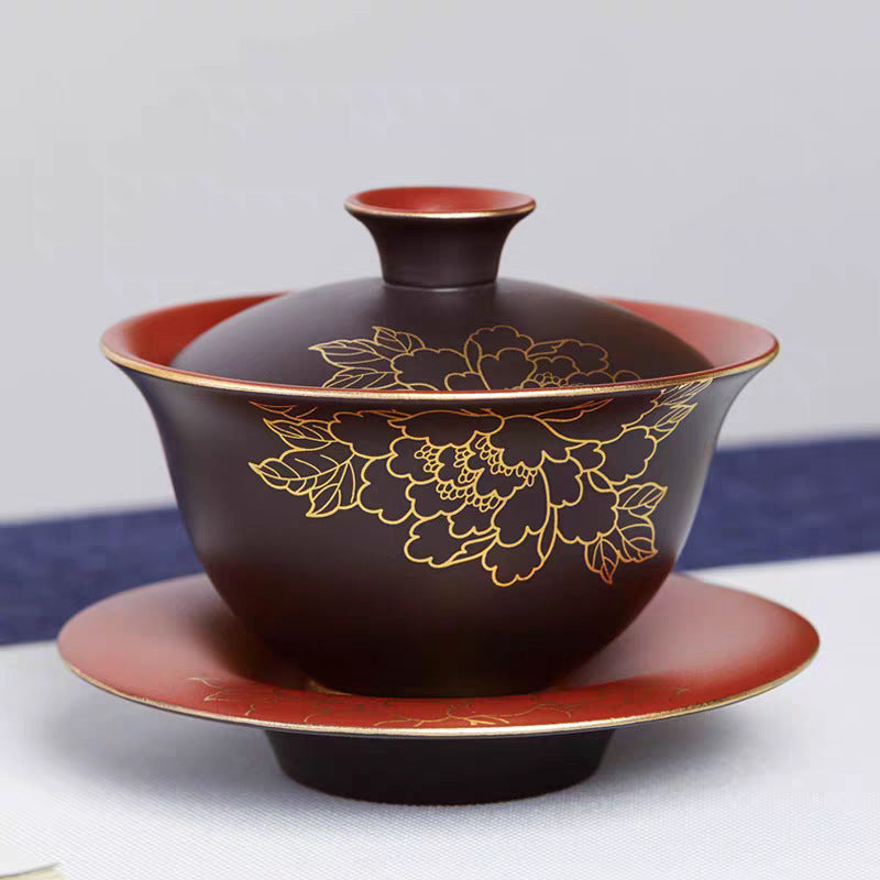 宜兴紫砂三才杯盖碗200CC单个茶碗带盖泡茶杯大号防烫陶瓷功夫茶具套装