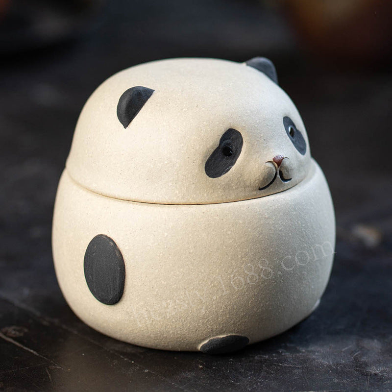 宜兴紫砂壶熊猫手抓壶200CC原矿手工分茶器茶叶罐雕塑茶具泡茶盖碗