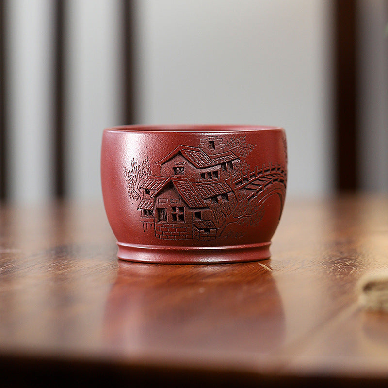 批发宜兴紫砂杯子全手工刻绘江南水乡主人杯原矿紫泥家用紫砂茶杯