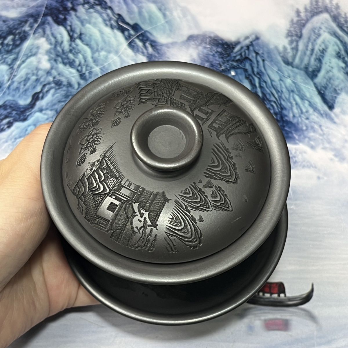 三才盖碗纯手工浮雕刻绘烟雨入江南石黄盖碗江南水乡房屋200毫升