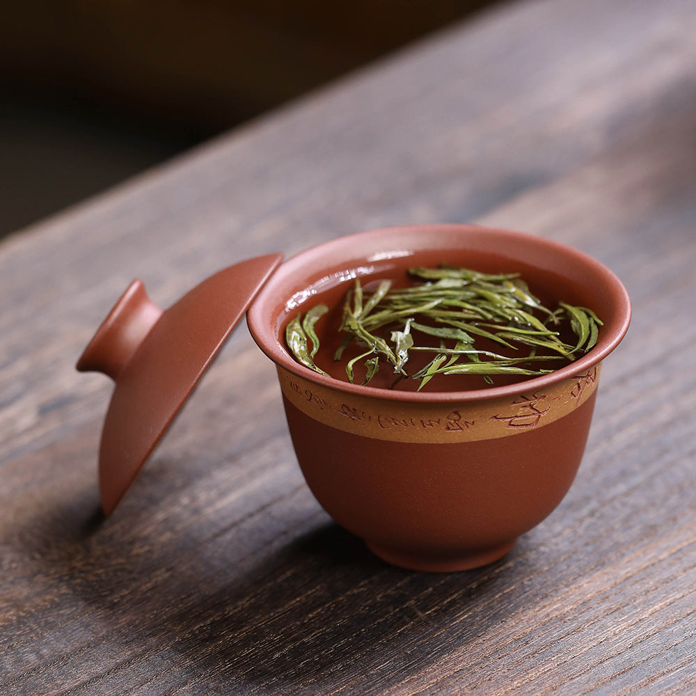 宜兴紫砂100CC三才盖碗手绘诗文敬茶碗大茶杯防烫高端茶具套装配件批发