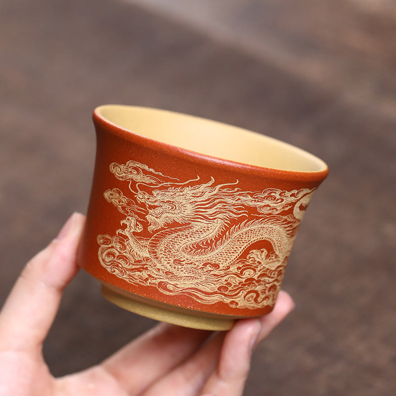 正品段泥粉浆降坡泥主人杯刻绘龙虎紫砂杯高端手工功夫茶杯单杯