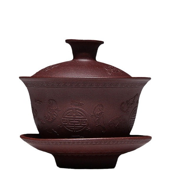 宜兴紫砂盖碗 紫砂茶碗批发原矿正品小号福寿三才碗110毫升