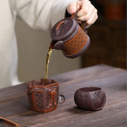 宜兴紫砂【包包茶壶 茶杯】240CC/170CC/110CC网红包包造型紫砂壶老紫泥创意款茶壶