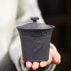 宜兴紫砂杯150CC原矿浮雕饕餮纹三才盖碗手抓壶茶碗陶瓷泡茶功夫茶具