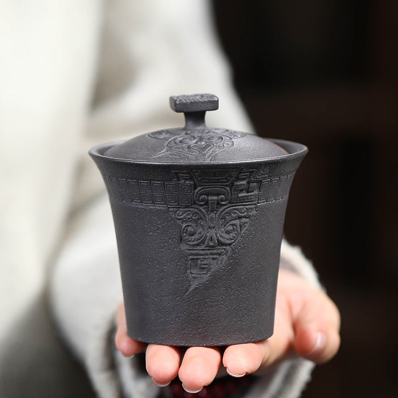 宜兴紫砂杯150CC原矿浮雕饕餮纹三才盖碗手抓壶茶碗陶瓷泡茶功夫茶具