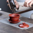 宜兴原矿紫砂杯泡茶杯大红袍江南小镇刻绘三才盖碗 140cc
