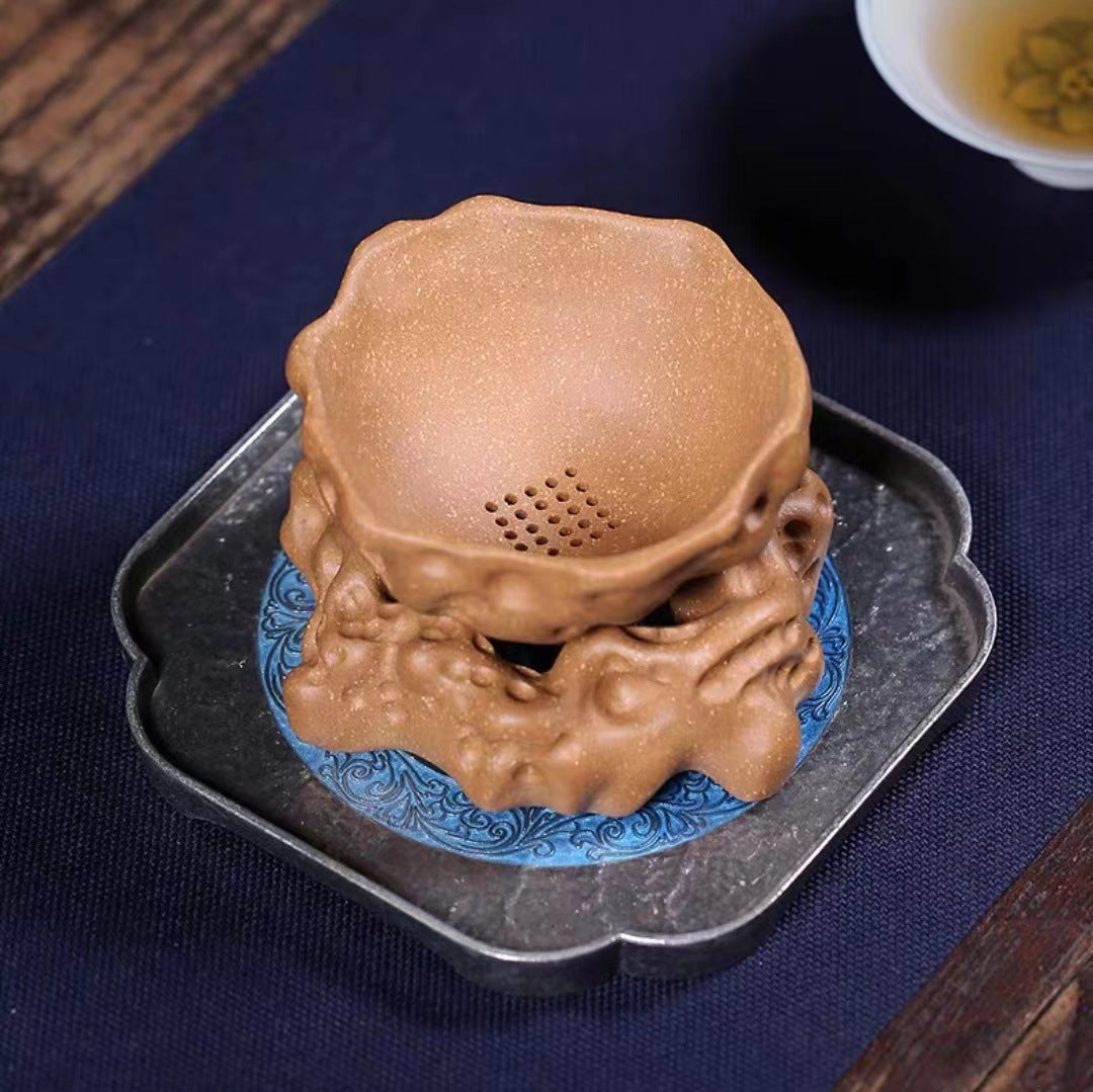 宜兴紫砂茶漏泡茶茶具配件茶叶过滤器茶隔创意手工茶滤一体茶漏架