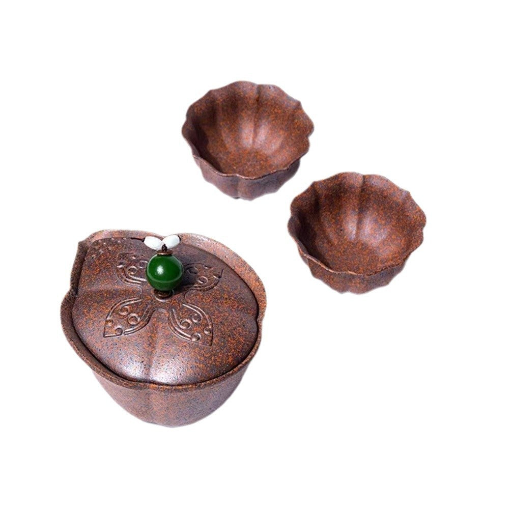 宜兴紫砂手抓壶龙骨金砂盖碗180CC复古手工茶具套装创意茶具一体莲蓬