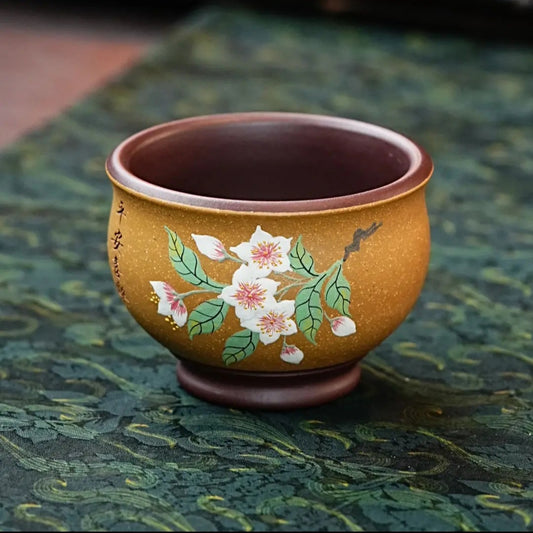 宜兴紫砂主人杯手绘白梅花蝶恋花刻绘平安喜乐宫廷杯茶杯 150毫升