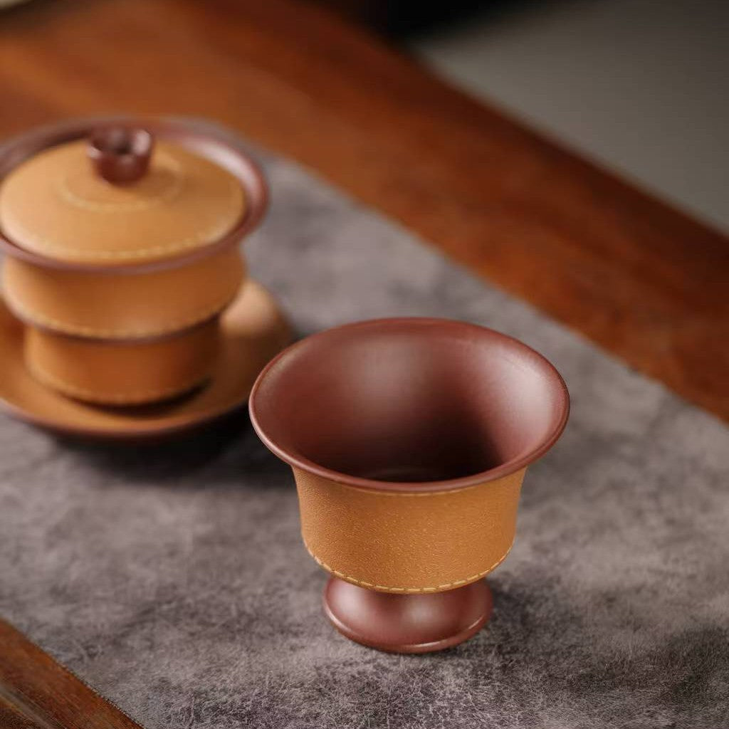 宜兴紫砂三才盖碗150CC/110CC创意皮革纹功夫茶具茶杯双色粉浆