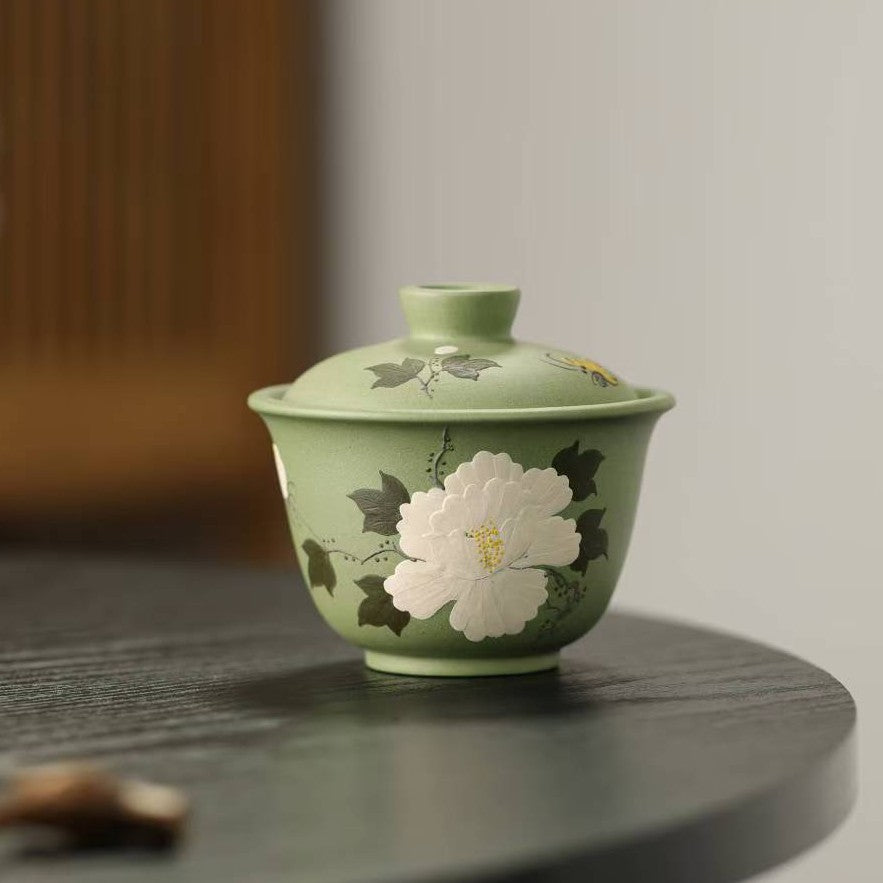 宜兴紫砂盖碗160CC创意手工泥绘两才盖碗原矿豆青砂家用紫砂杯功夫茶具