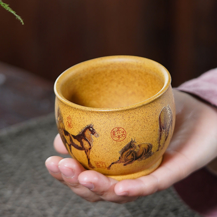 壶芝宴紫砂壶茶具龙骨金砂八骏图主人杯品茗杯
