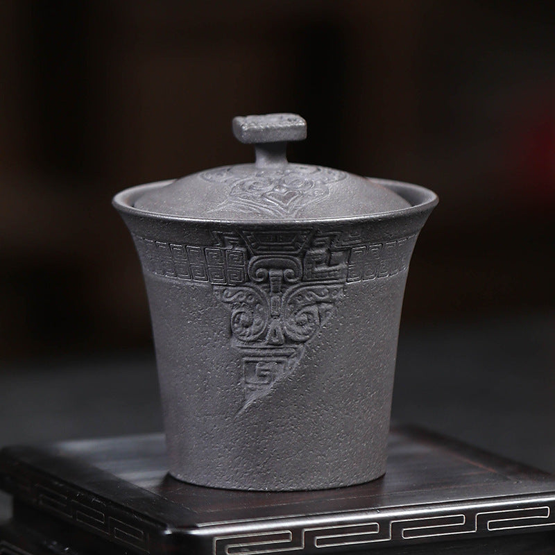 宜兴紫砂杯150CC原矿浮雕饕餮纹三才盖碗手抓壶茶碗陶瓷泡茶功夫茶具