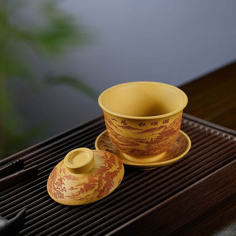 功夫茶具原矿紫砂220CC山居秋瞑杯段泥手绘刻绘山水杯文人茶碗三才盖碗