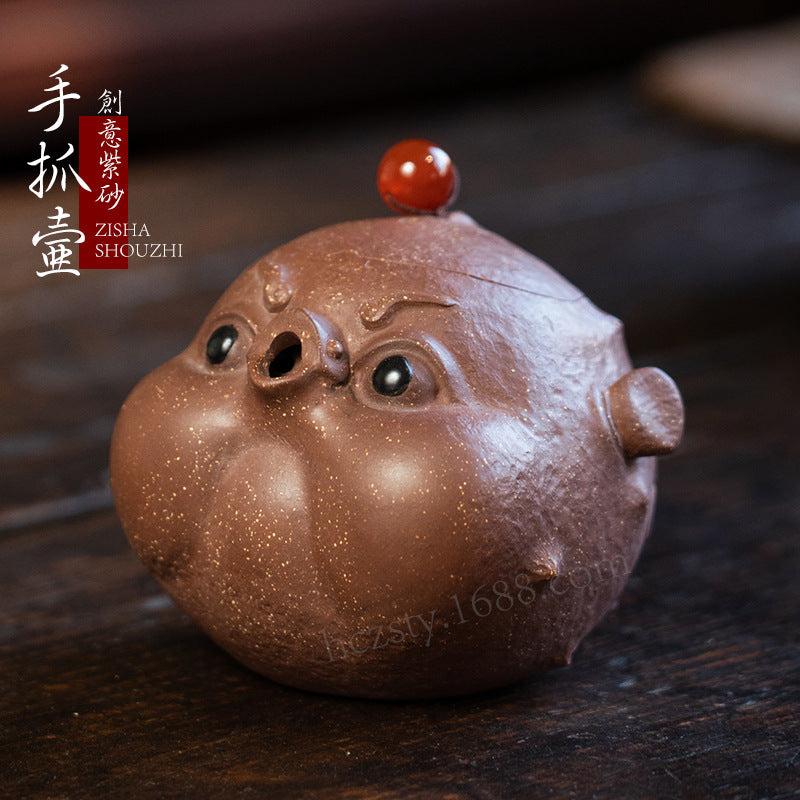 宜兴紫砂壶160CC河豚壶原矿手工内球孔手抓壶分茶器雕塑茶具泡茶盖碗