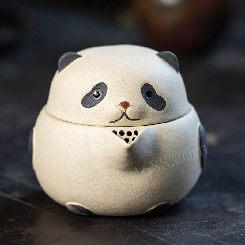 宜兴紫砂壶熊猫手抓壶200CC原矿手工分茶器茶叶罐雕塑茶具泡茶盖碗