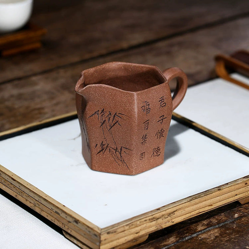 批发宜兴全手工刻绘公道杯纯手工公道杯梅兰竹菊六方紫砂公道杯
