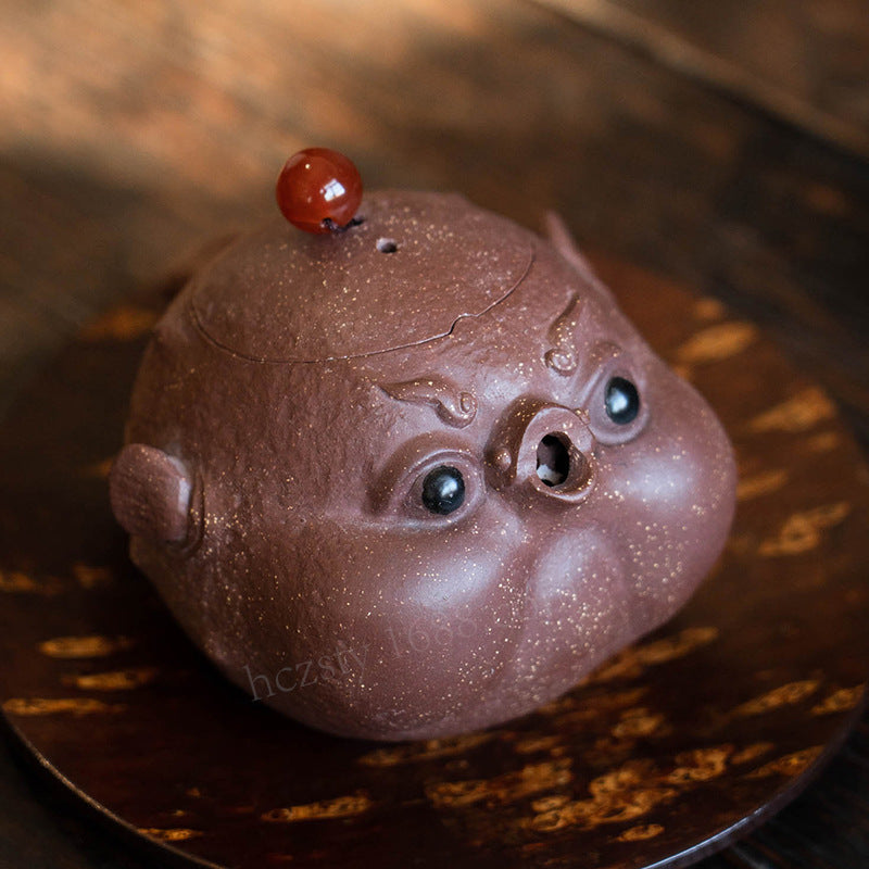 宜兴紫砂壶160CC河豚壶原矿手工内球孔手抓壶分茶器雕塑茶具泡茶盖碗