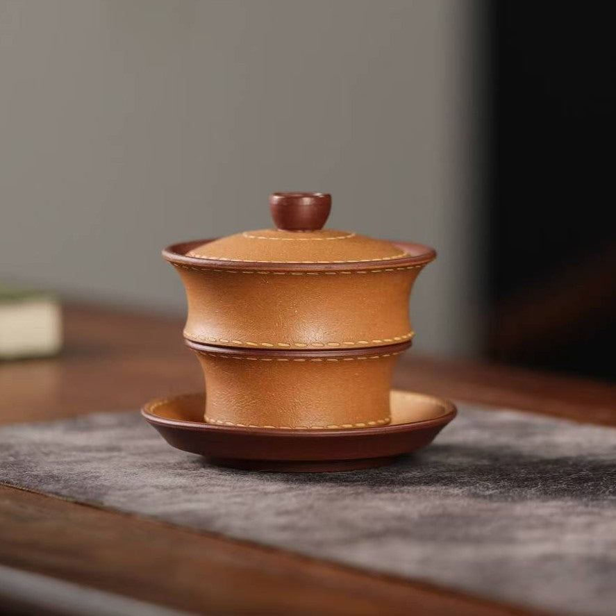 宜兴紫砂三才盖碗150CC/110CC创意皮革纹功夫茶具茶杯双色粉浆