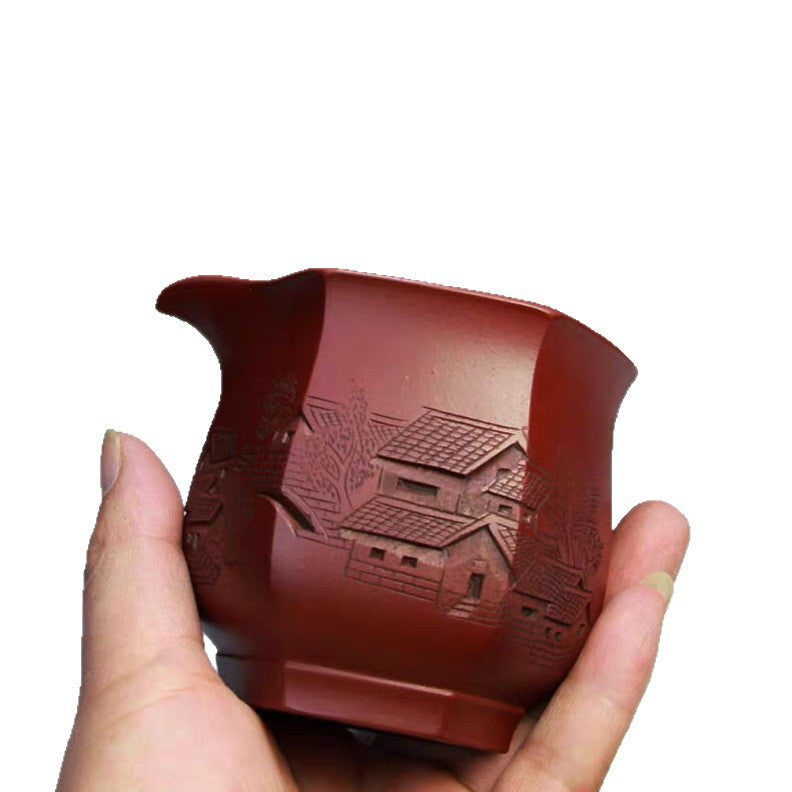 宜兴名家亲工六方大容量浮雕刻绘江南山水公道杯茶道分茶器230cc